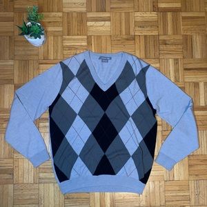 LACOSTE ARGYLE GREY AND BLACK V NECK SWEATER